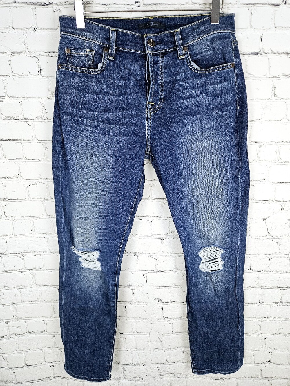 7FAM | button fly high waist distressed busted knee skinny jeans